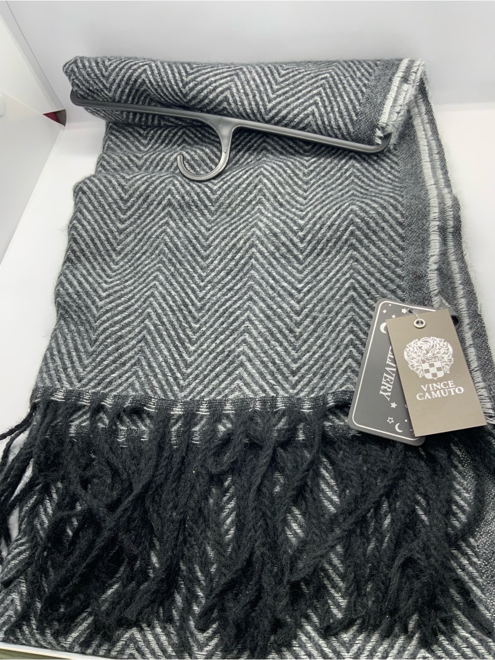 Vince Camuto Gray & Black Herringbone Fringe Throw